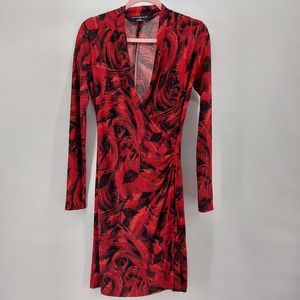 Norma Kamali red and black featherprint stretch wrap dress Size small